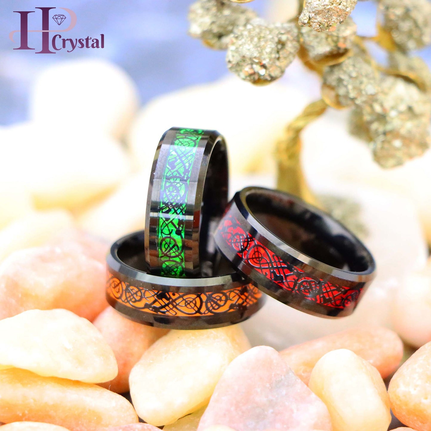 Black & Red / Black & Green / Black & Orange Celtic Inlay Tungsten Ring