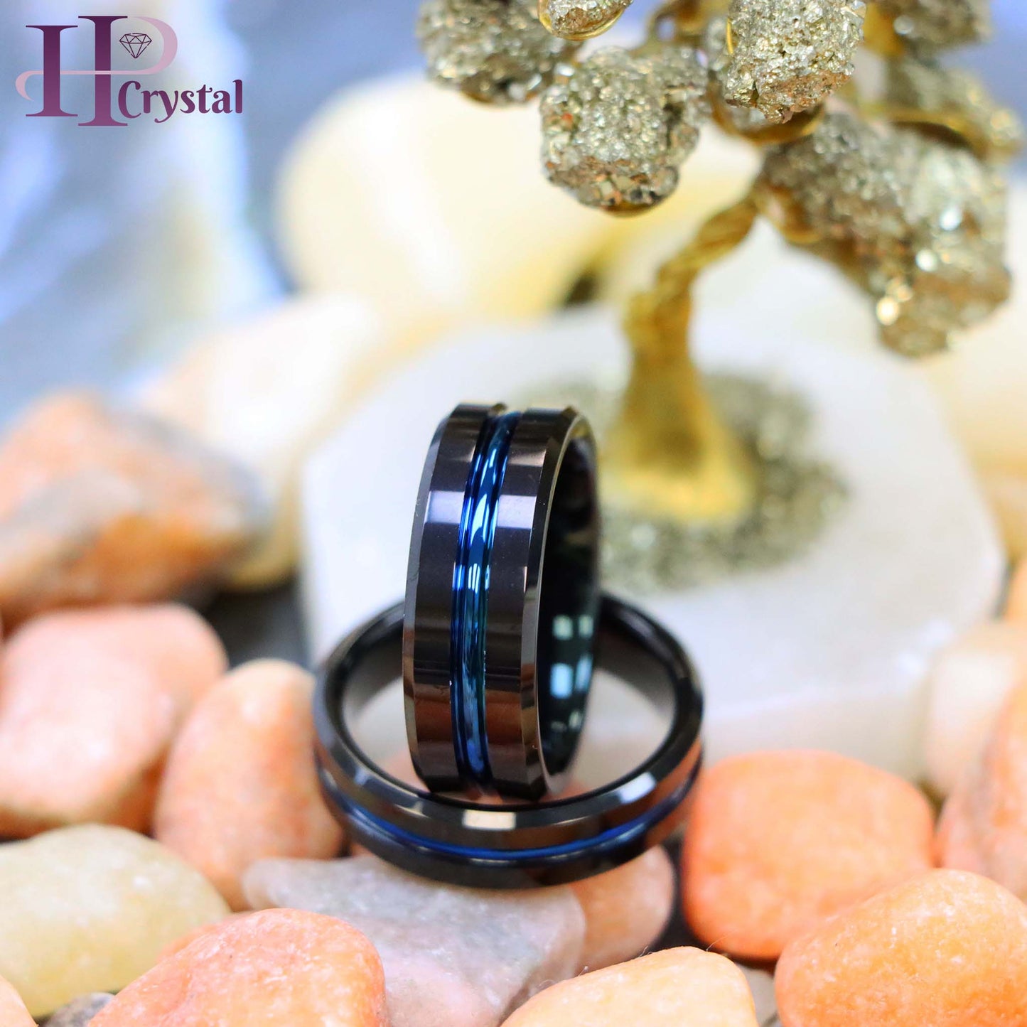 Black IP Shiny with Blue IP Plated Grooved Center Tungsten Ring