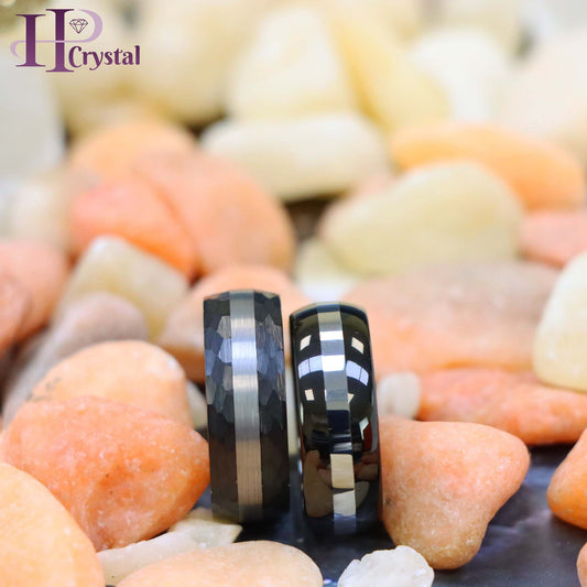 High Polish Black IP Plate Shiny Center Line/Chiseled Sides & Brushed Stripe Center Tungsten Ring