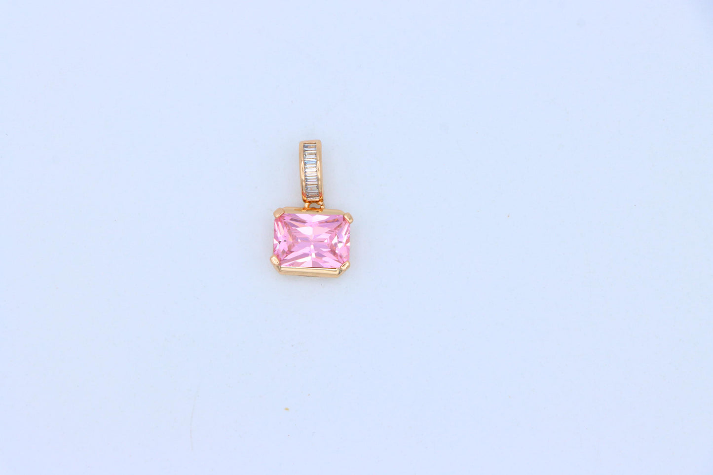 Chic Pink Emerald Cut Pendant with Baguette Bail in Rose Gold Tone, XPPT1780 (2162-7)