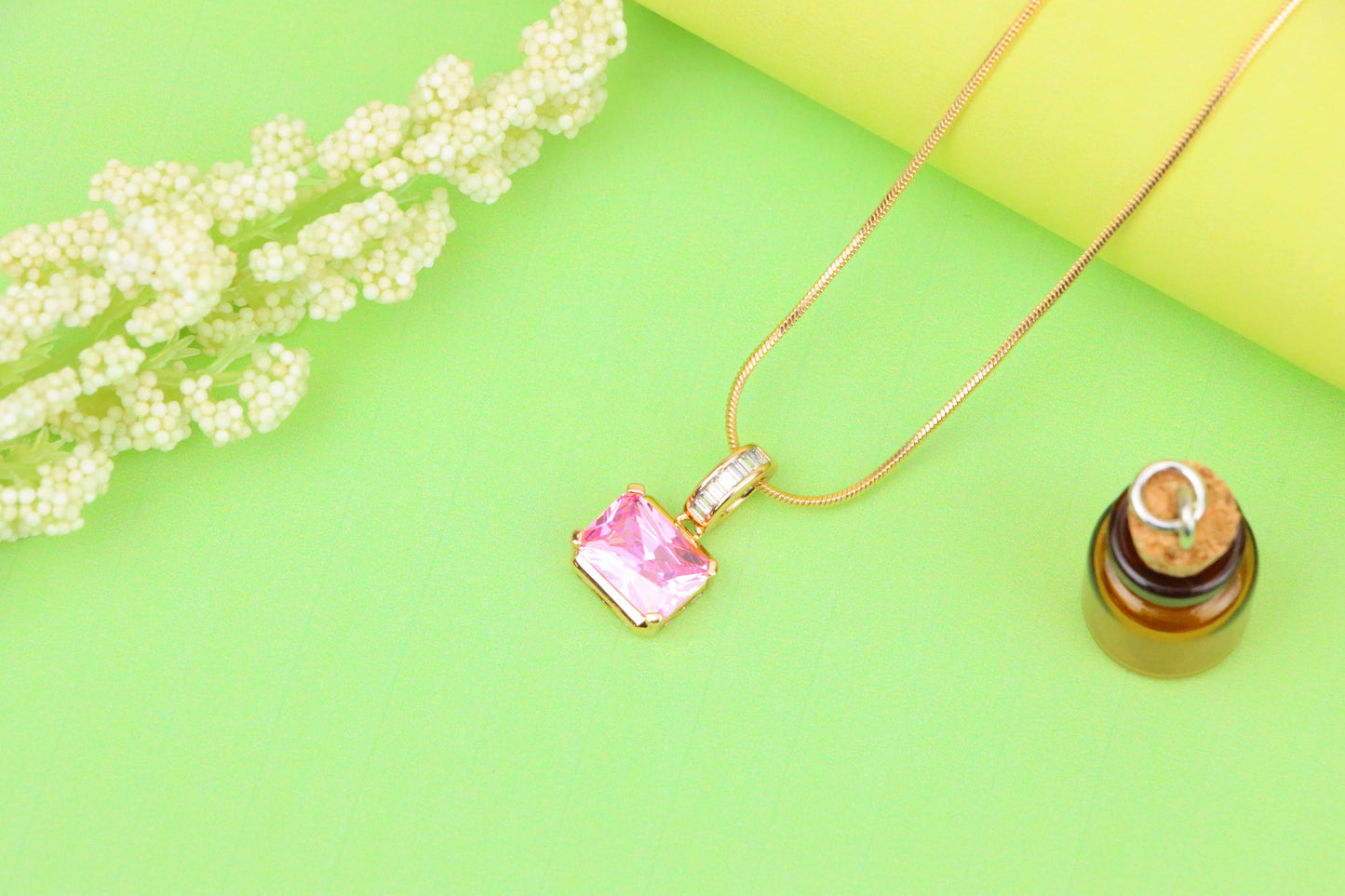 Chic Pink Emerald Cut Pendant with Baguette Bail in Rose Gold Tone, XPPT1780 (2162-7)