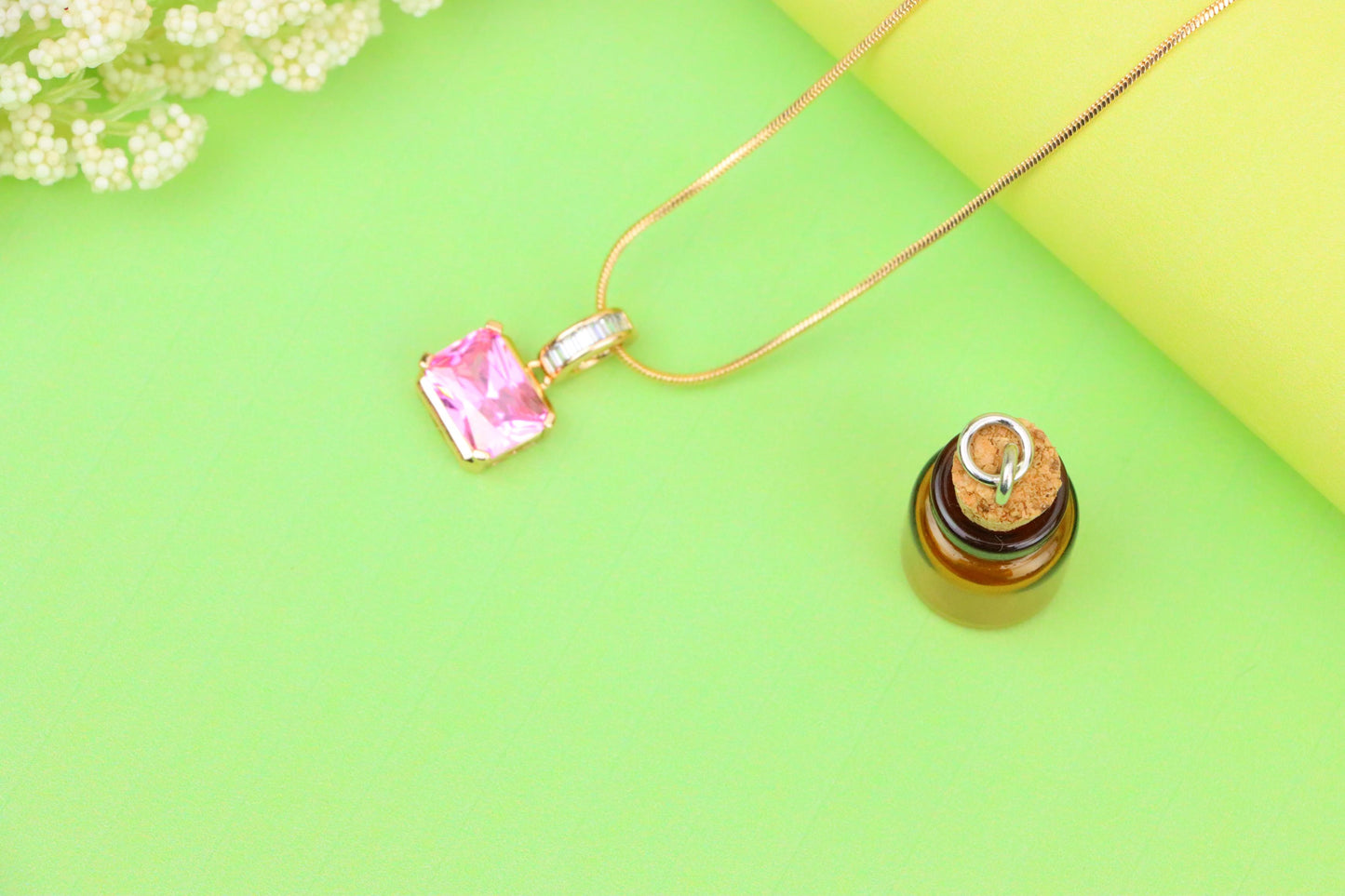 Chic Pink Emerald Cut Pendant with Baguette Bail in Rose Gold Tone, XPPT1780 (2162-7)