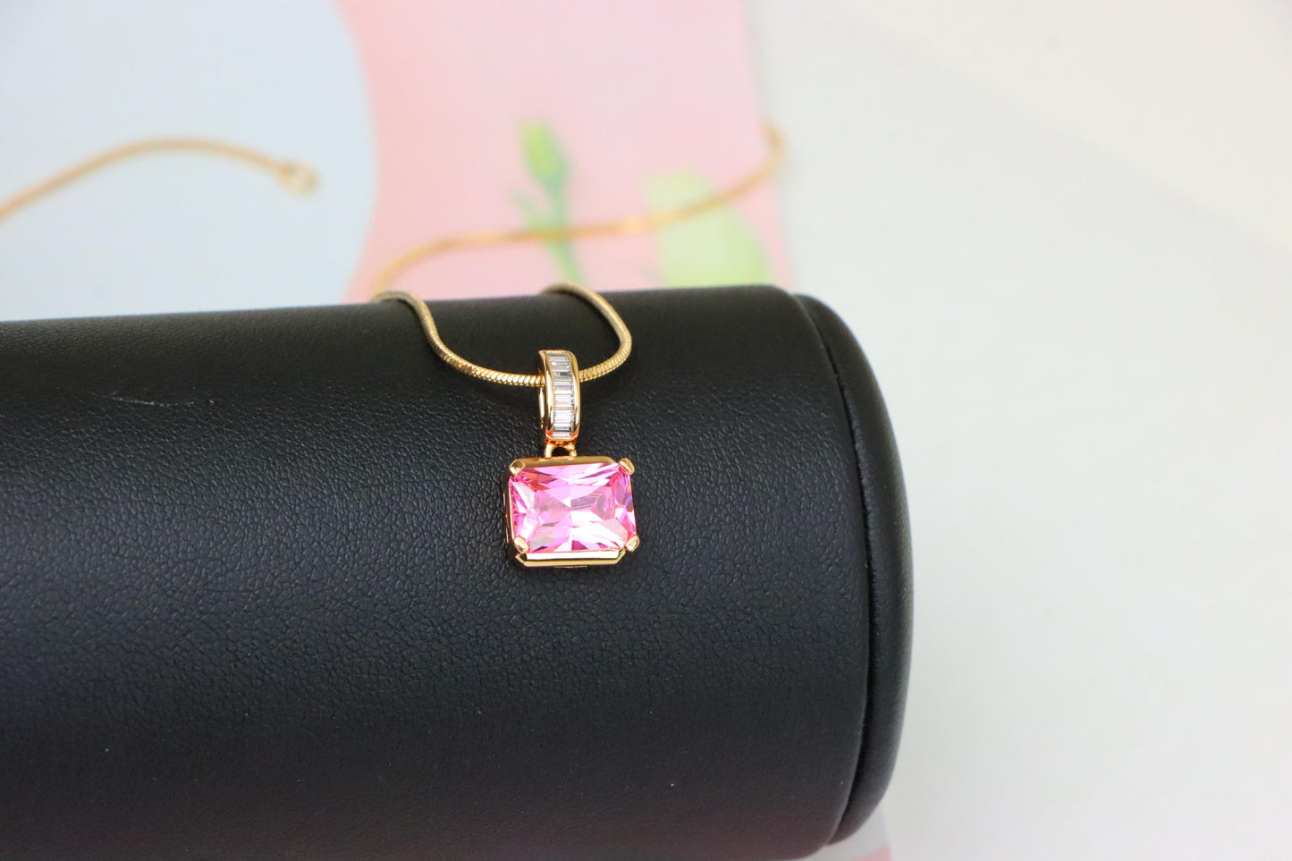 Chic Pink Emerald Cut Pendant with Baguette Bail in Rose Gold Tone, XPPT1780 (2162-7)