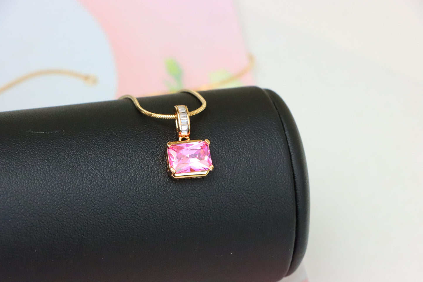 Chic Pink Emerald Cut Pendant with Baguette Bail in Rose Gold Tone, XPPT1780 (2162-7)