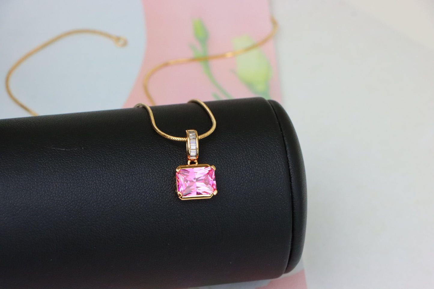 Chic Pink Emerald Cut Pendant with Baguette Bail in Rose Gold Tone, XPPT1780 (2162-7)