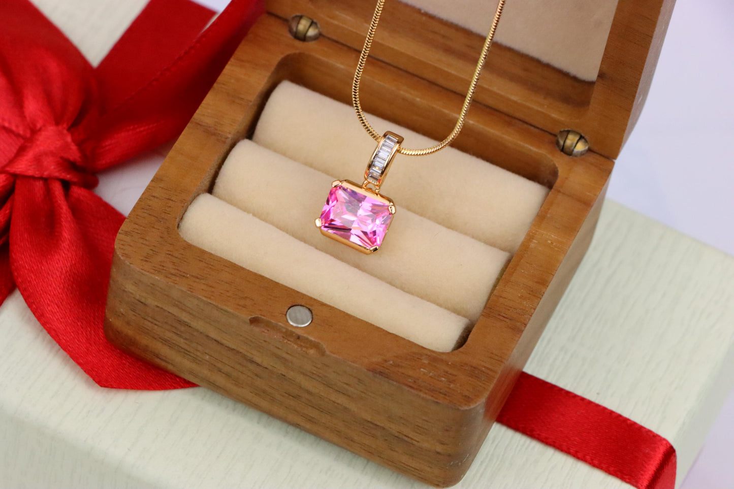 Chic Pink Emerald Cut Pendant with Baguette Bail in Rose Gold Tone, XPPT1780 (2162-7)
