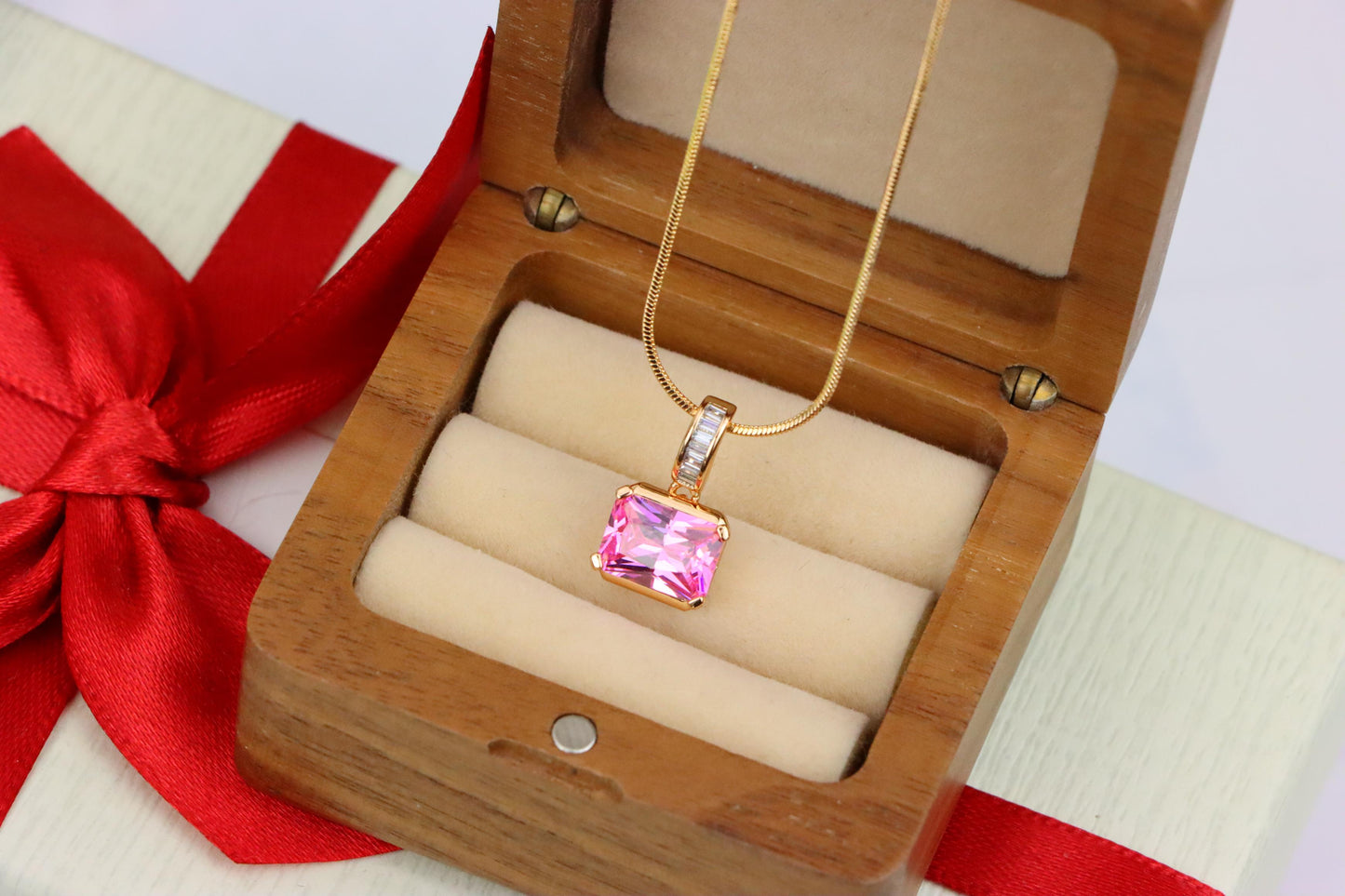 Chic Pink Emerald Cut Pendant with Baguette Bail in Rose Gold Tone, XPPT1780 (2162-7)