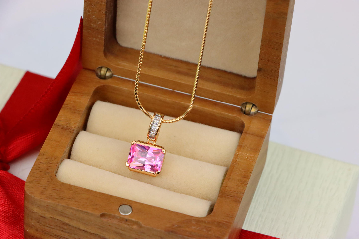 Chic Pink Emerald Cut Pendant with Baguette Bail in Rose Gold Tone, XPPT1780 (2162-7)