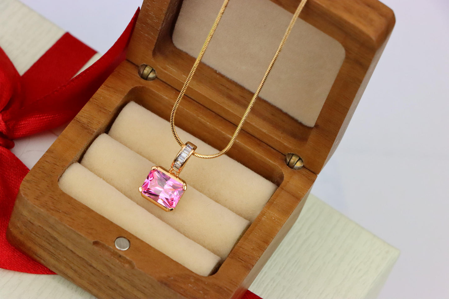 Chic Pink Emerald Cut Pendant with Baguette Bail in Rose Gold Tone, XPPT1780 (2162-7)