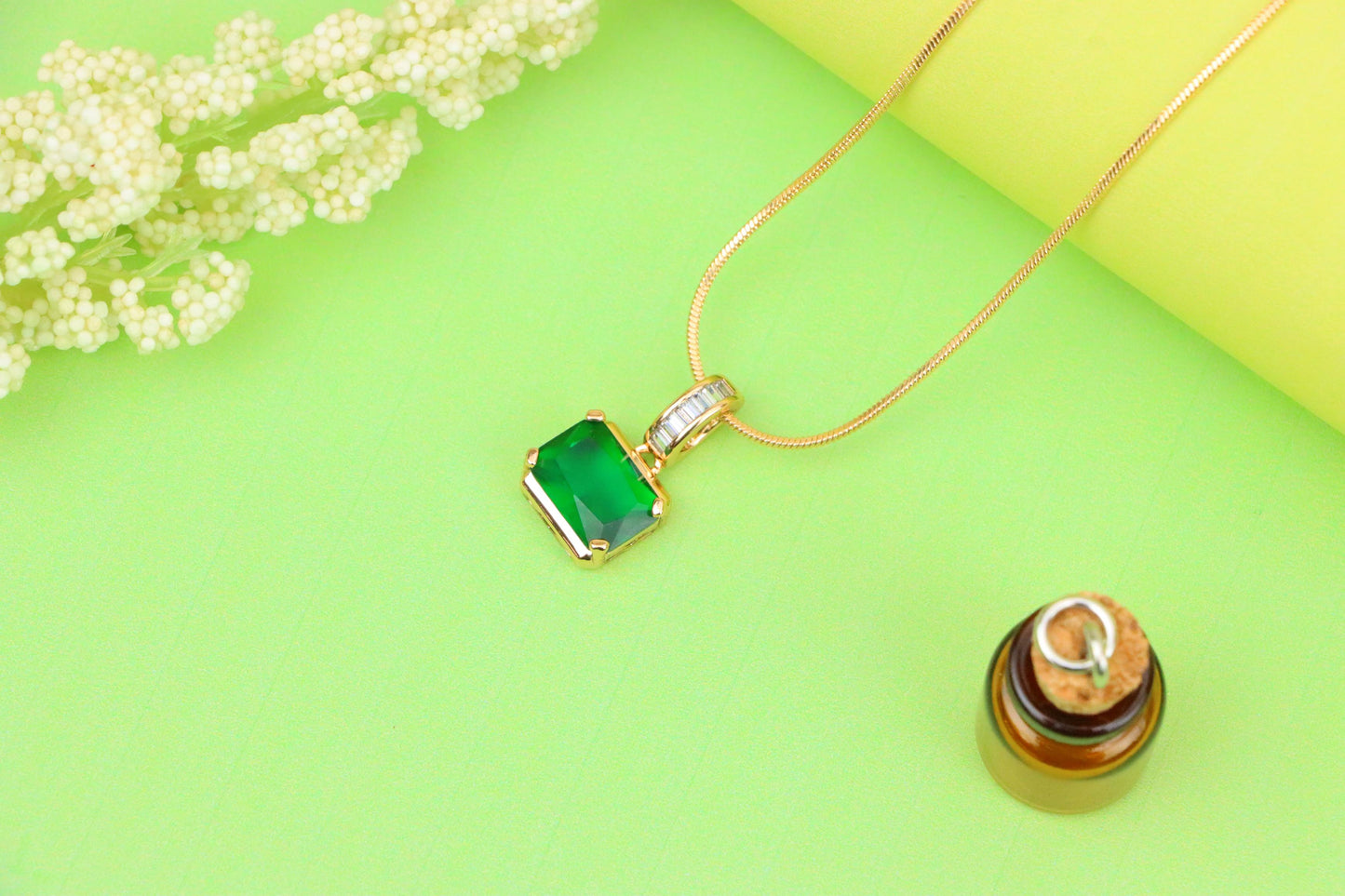 Elegant Green Emerald Cut Pendant with Baguette Detail Bail, XPPT1781 (2162-7)