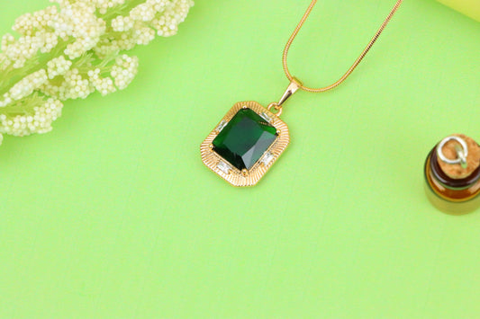 Green Emerald Cut Pendant with Textured Gold Plated Frame, XPPT1783 (2162-8)