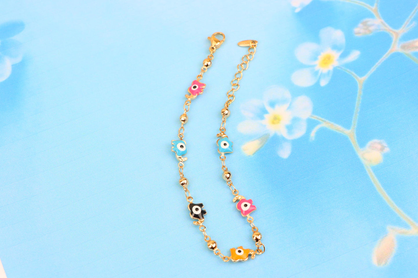 Colorful Evil Eye Elephant Rose Gold Anklet with Adjustable Chain, XPAL1031 (2103-10)
