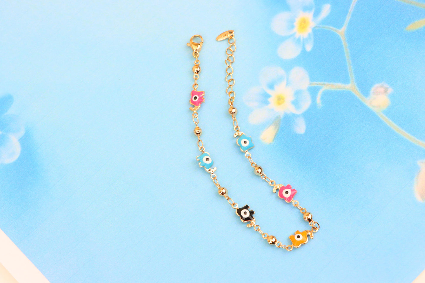 Colorful Evil Eye Elephant Rose Gold Anklet with Adjustable Chain, XPAL1031 (2103-10)