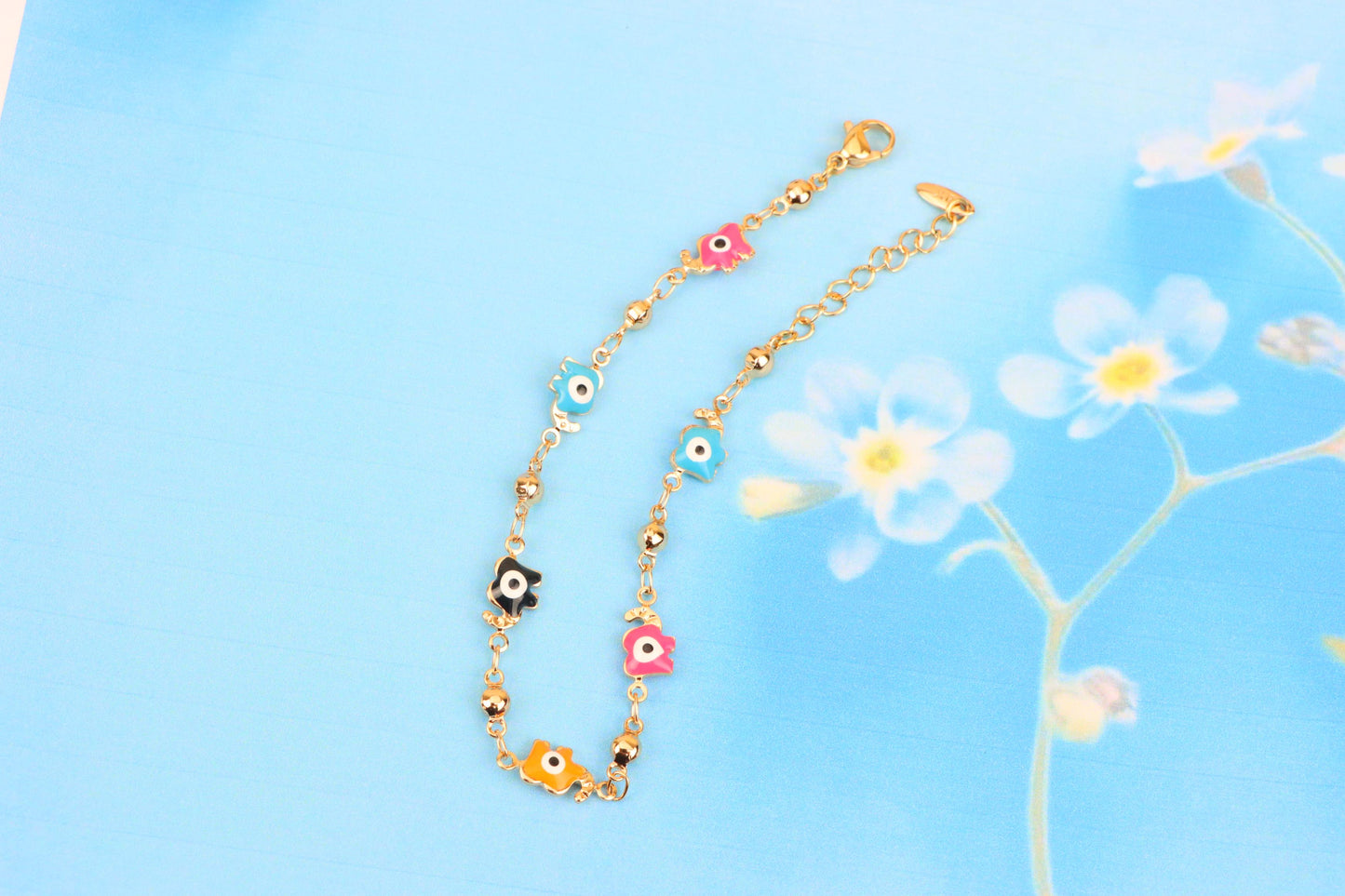 Colorful Evil Eye Elephant Rose Gold Anklet with Adjustable Chain, XPAL1031 (2103-10)