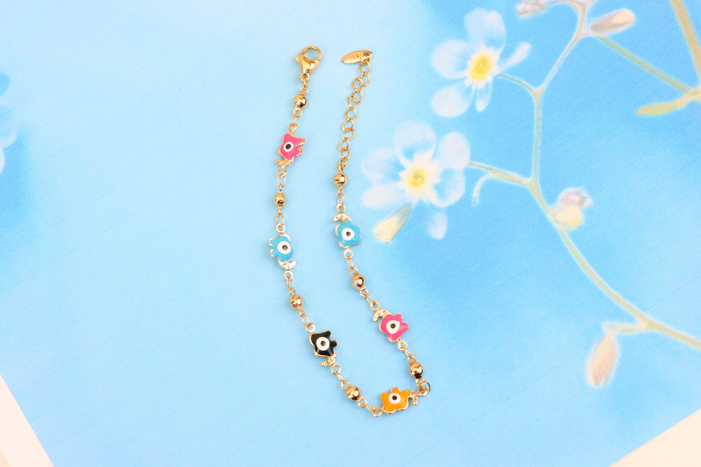 Colorful Evil Eye Elephant Rose Gold Anklet with Adjustable Chain, XPAL1031 (2103-10)