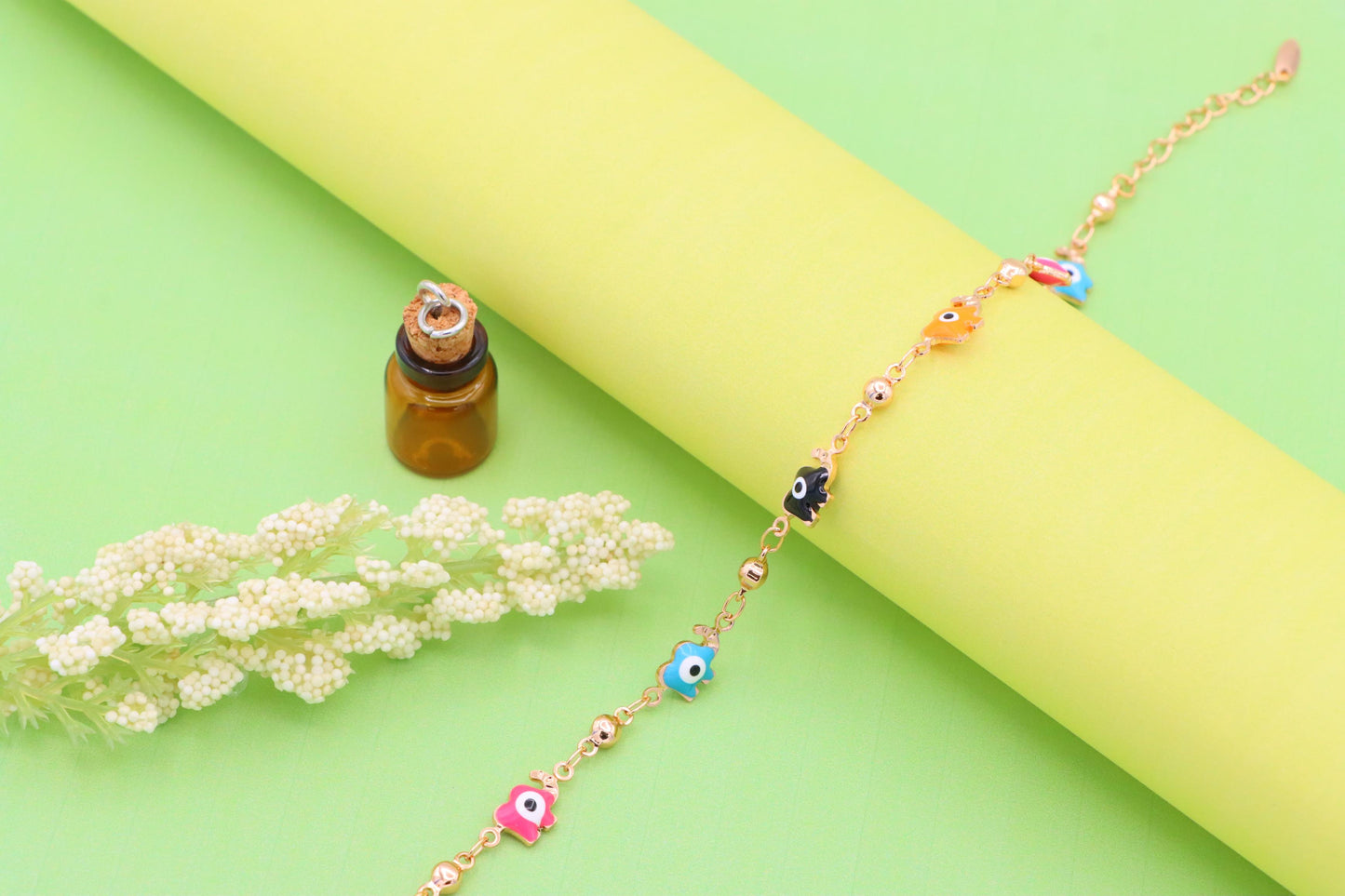 Colorful Evil Eye Elephant Rose Gold Anklet with Adjustable Chain, XPAL1031 (2103-10)