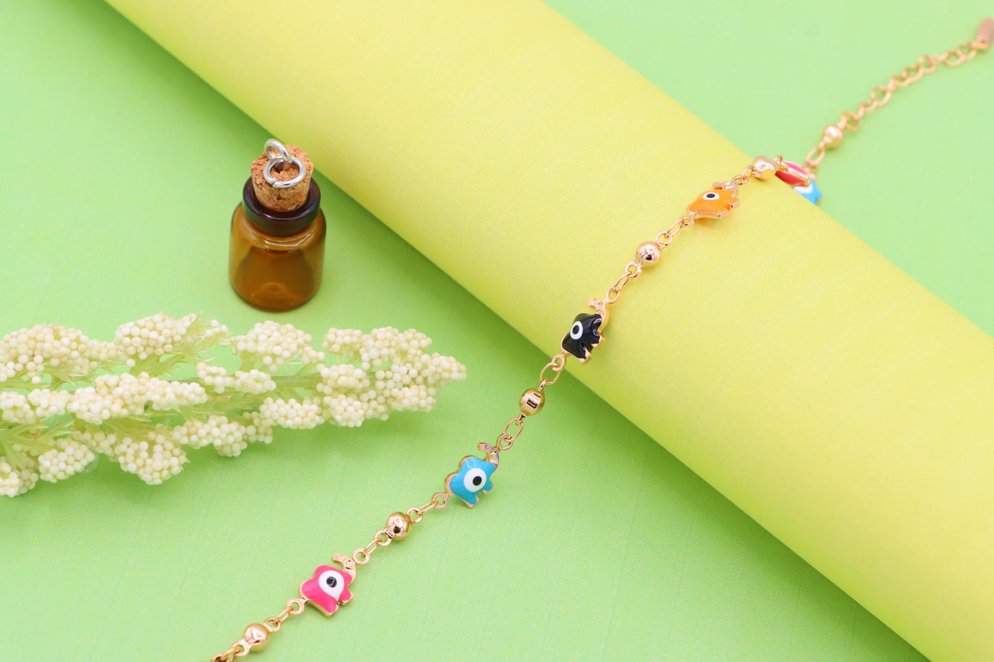 Colorful Evil Eye Elephant Rose Gold Anklet with Adjustable Chain, XPAL1031 (2103-10)