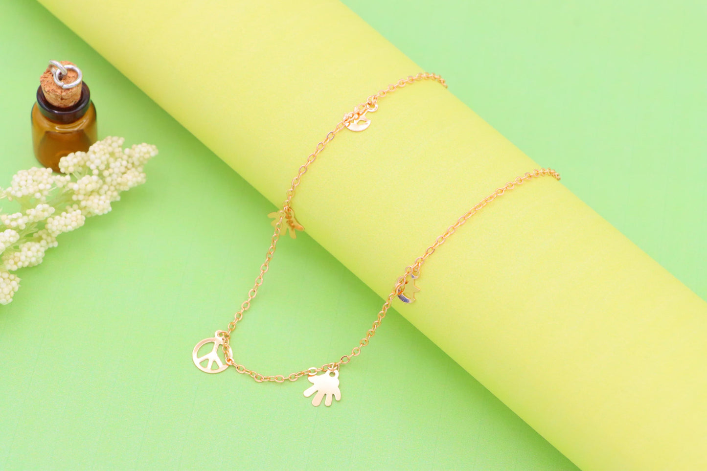 Rose Gold Anklet with Peace &amp; Charm Motifs,XPAL1035 (2104-4)