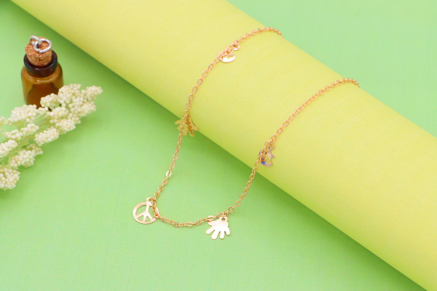 Rose Gold Anklet with Peace &amp; Charm Motifs,XPAL1035 (2104-4)