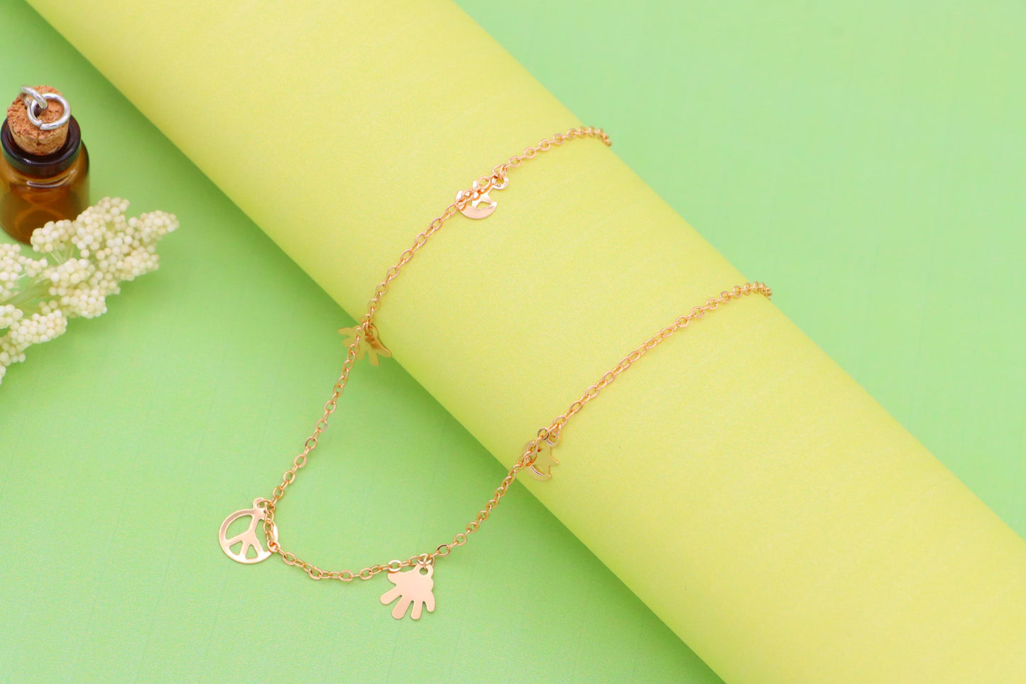 Rose Gold Anklet with Peace &amp; Charm Motifs,XPAL1035 (2104-4)