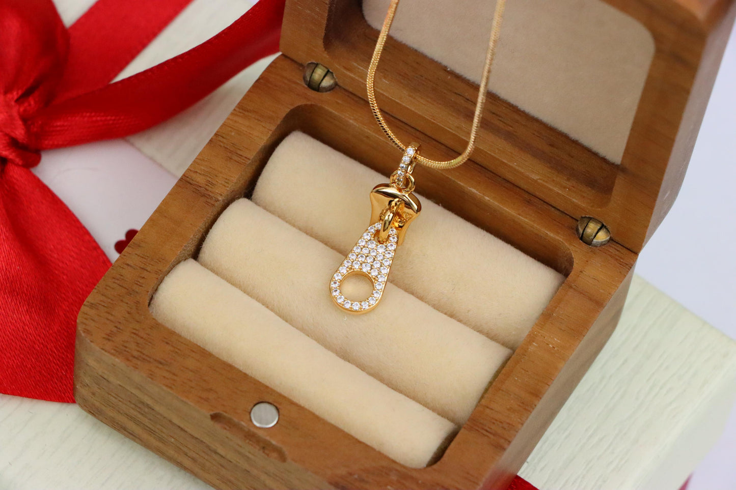 Stylish Rose Gold Zipper Shape Pendant with Sparkling Stones, XPPT1477 (2137-6)