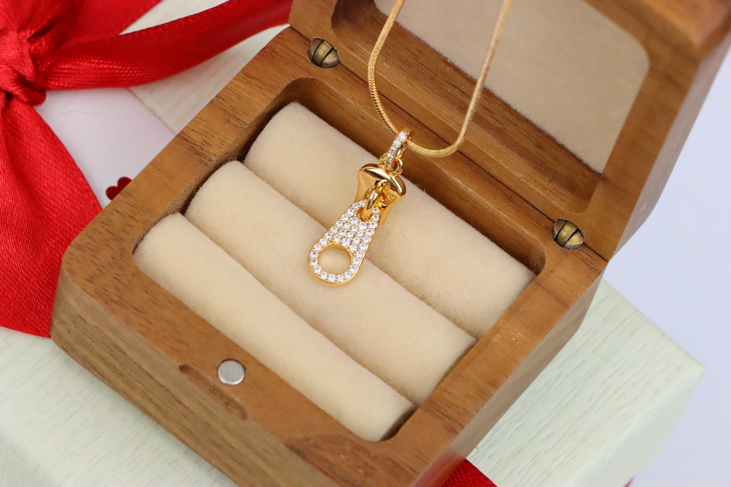 Stylish Rose Gold Zipper Shape Pendant with Sparkling Stones, XPPT1477 (2137-6)