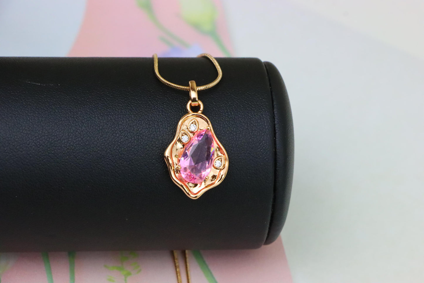 Delicate Pink Teardrop Pendant in Gold Plated Artistic Frame, XPPT1730 (2162-9)