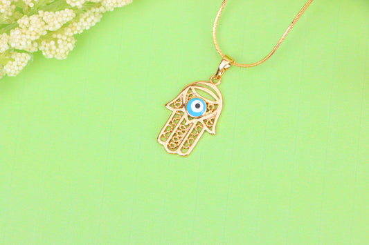 Rose Gold Hamsa Hand Pendant with Blue Evil Eye and Filigree Design, XPPT1483 (2138-2)