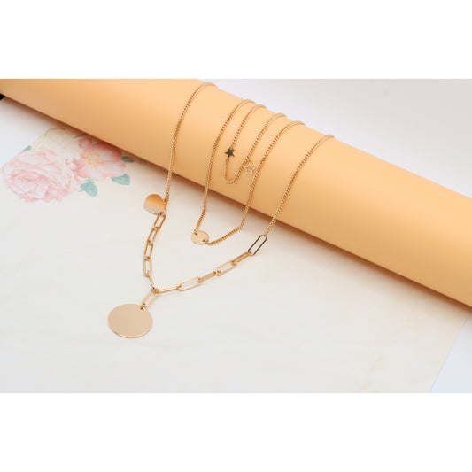 Layered Rose Gold Necklace with Star &amp; Coin Charm – Adjustable Fit, XPNL0344 (2035-4)