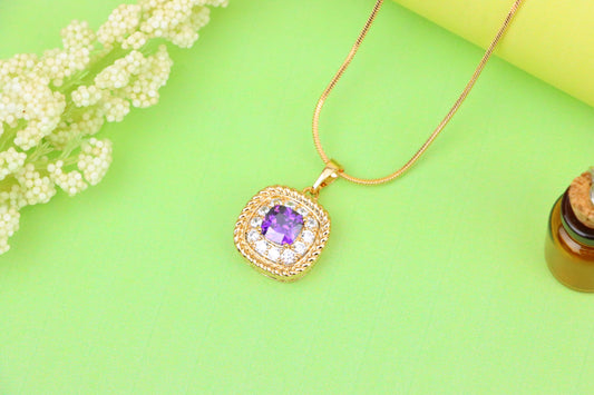 Elegant Purple Square Pendant with Sparkling Border in Gold Finish, XPPT1658 (2163-1)