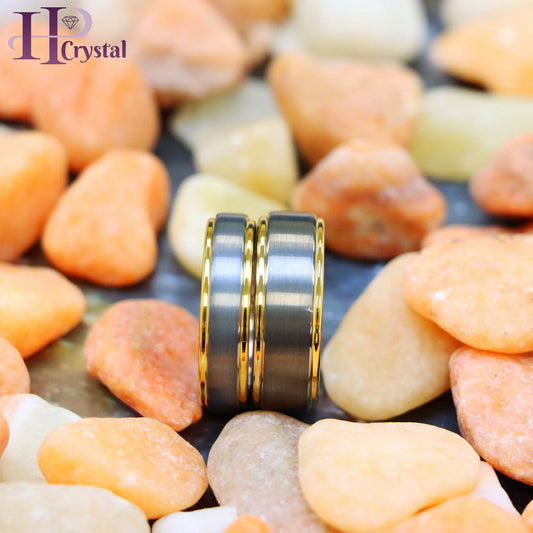 Brushed Center Yellow Gold Plated High Polish Stepped Edge Tungsten Ring