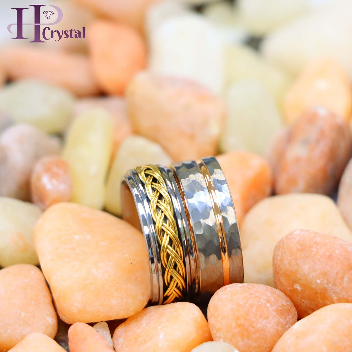 Grooved Hammered Finish & Rose Gold IP Plated Inside Tungsten Ring Step Edge with Yellow Gold IP Plated Double Braid Inlay Tungsten Ring