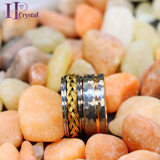 Grooved Hammered Finish & Rose Gold IP Plated Inside Tungsten Ring Step Edge with Yellow Gold IP Plated Double Braid Inlay Tungsten Ring