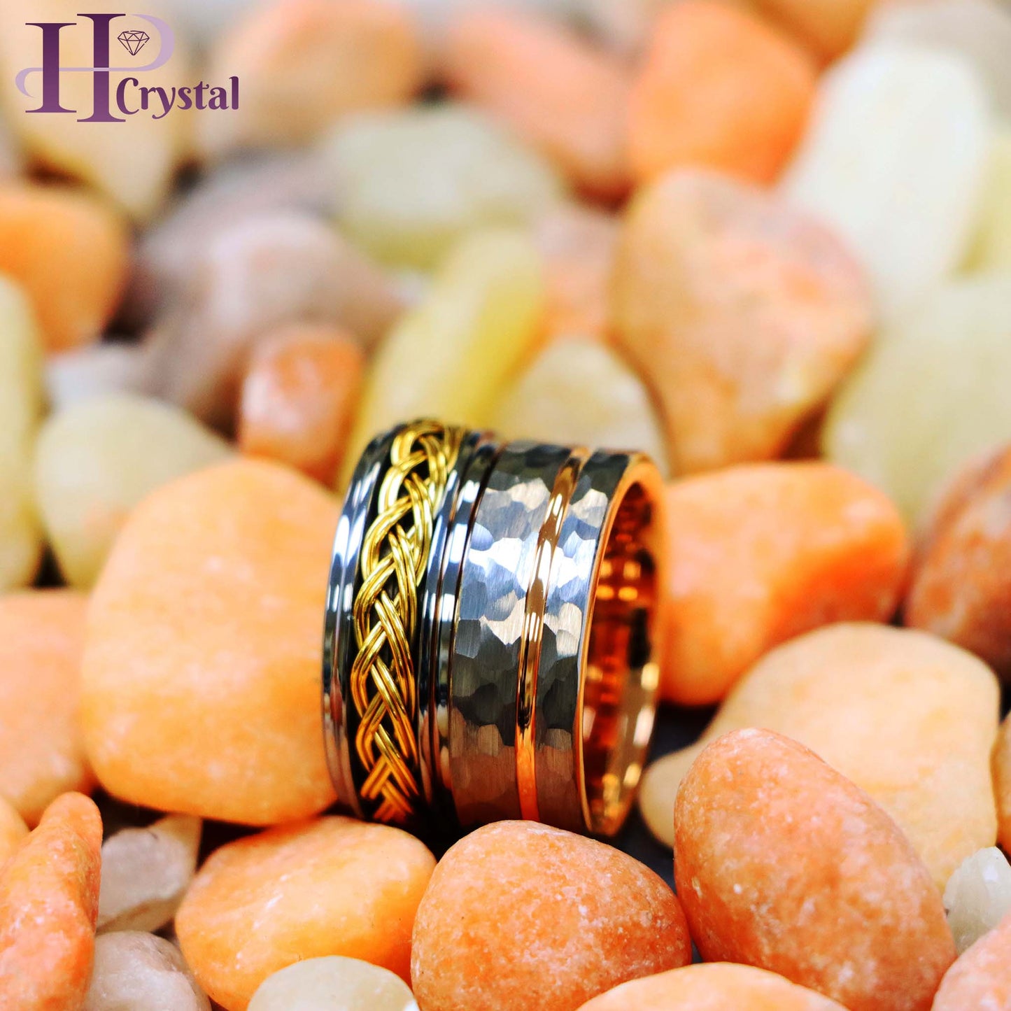 Grooved Hammered Finish & Rose Gold IP Plated Inside Tungsten Ring Step Edge with Yellow Gold IP Plated Double Braid Inlay Tungsten Ring