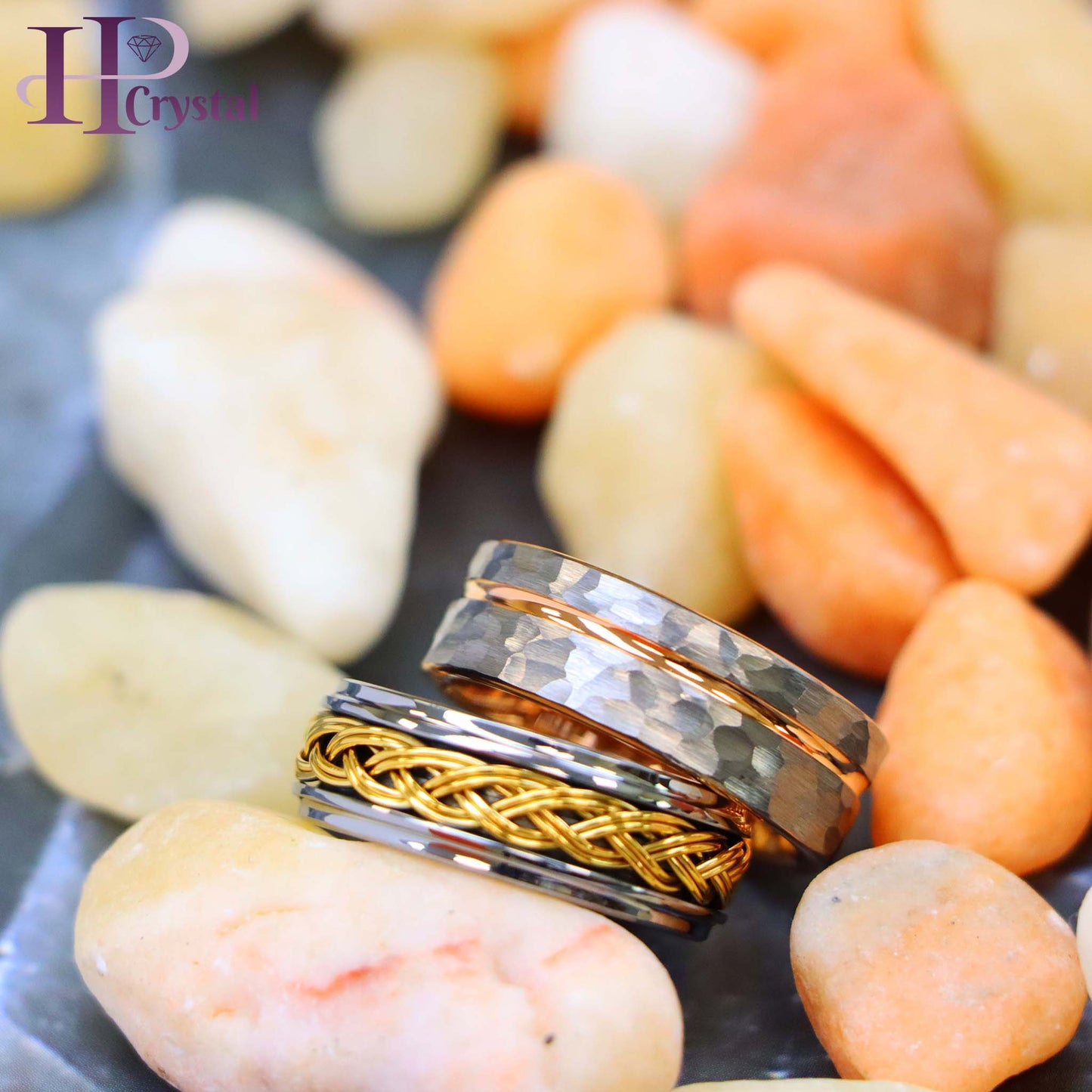 Grooved Hammered Finish & Rose Gold IP Plated Inside Tungsten Ring Step Edge with Yellow Gold IP Plated Double Braid Inlay Tungsten Ring