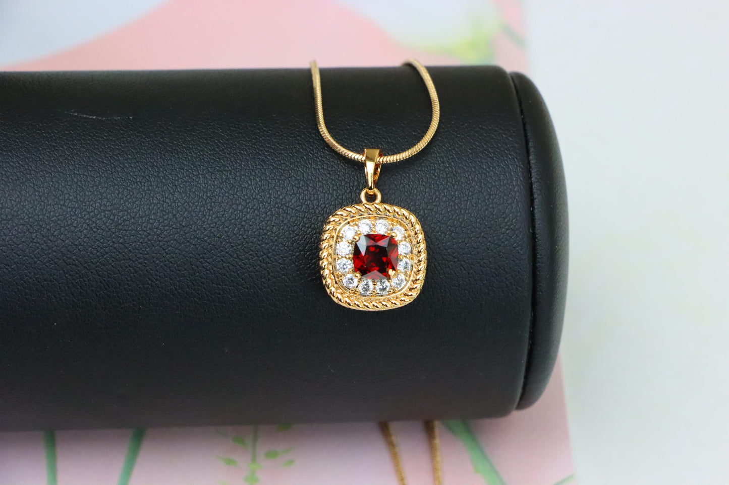 Vintage Style Red Cushion Pendant with Crystal Halo Accents, XPPT1663 (2163-1)