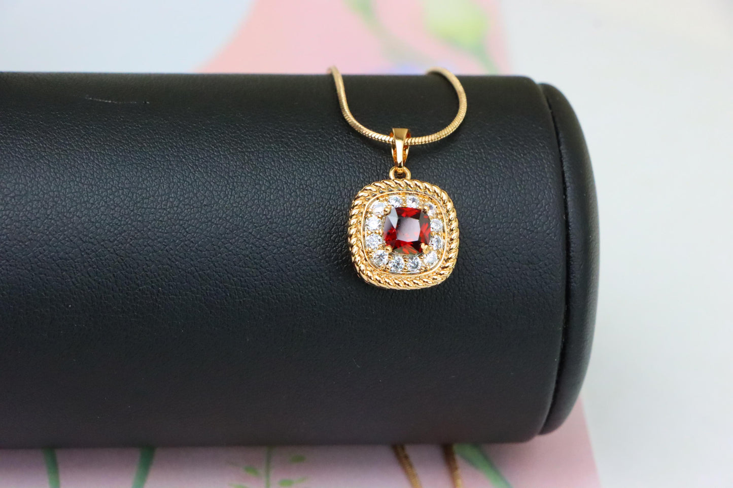 Vintage Style Red Cushion Pendant with Crystal Halo Accents, XPPT1663 (2163-1)