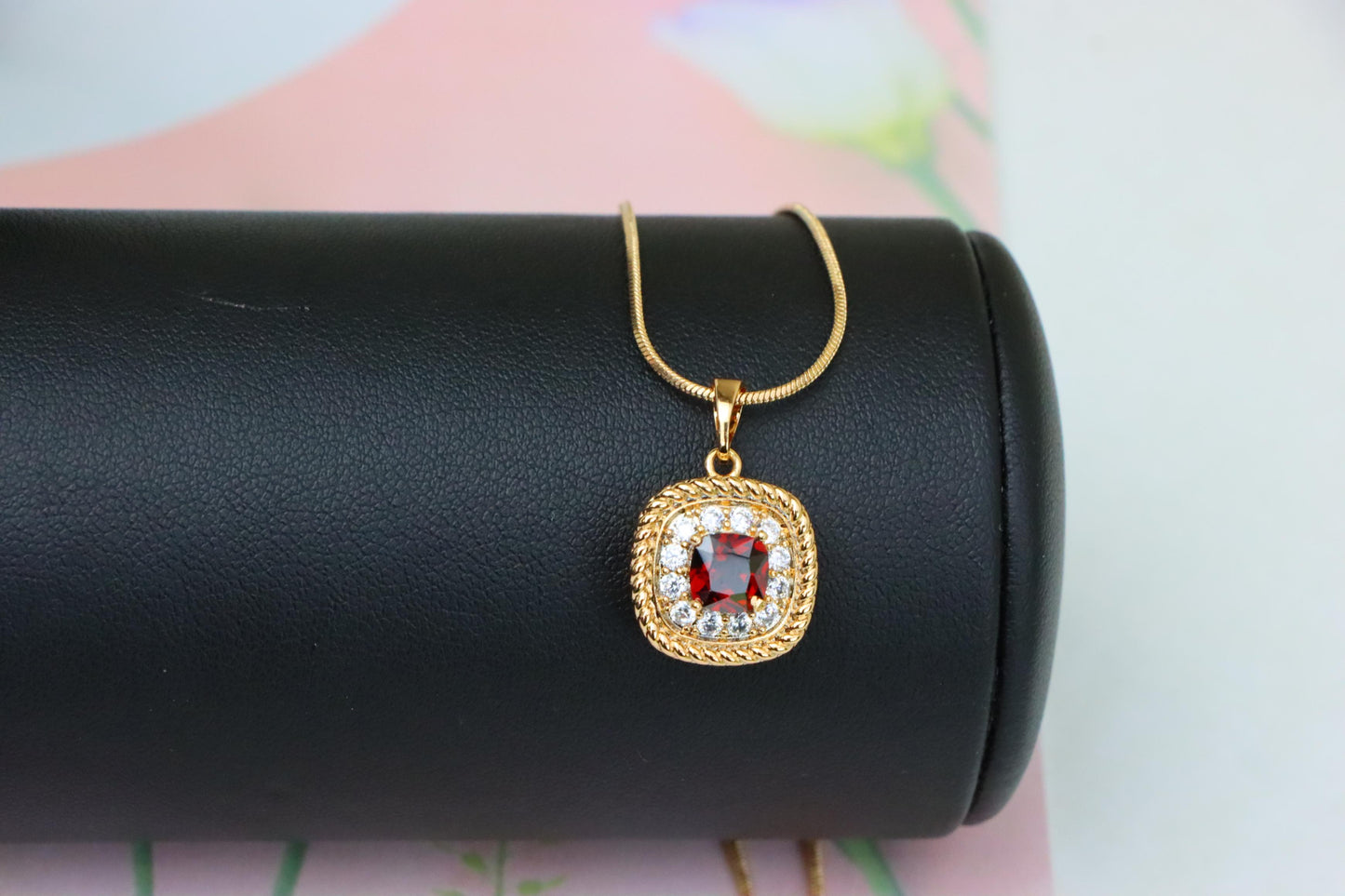 Vintage Style Red Cushion Pendant with Crystal Halo Accents, XPPT1663 (2163-1)