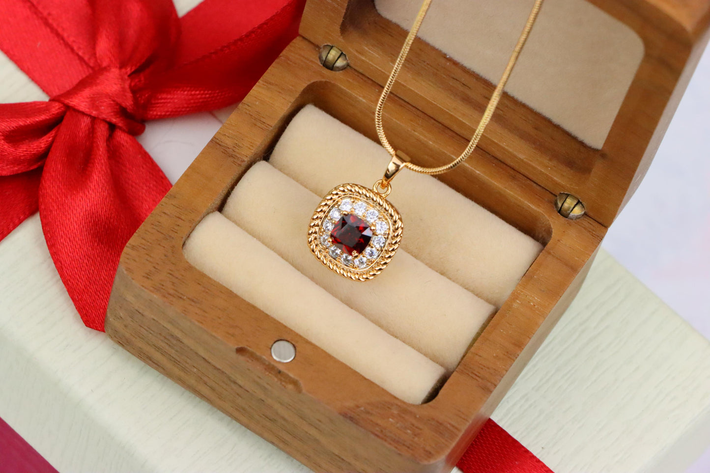Vintage Style Red Cushion Pendant with Crystal Halo Accents, XPPT1663 (2163-1)