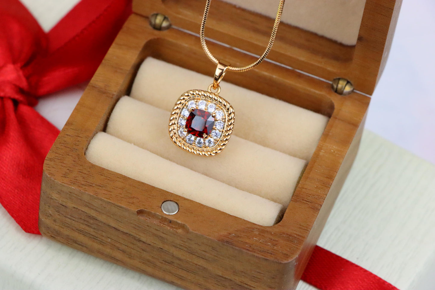 Vintage Style Red Cushion Pendant with Crystal Halo Accents, XPPT1663 (2163-1)