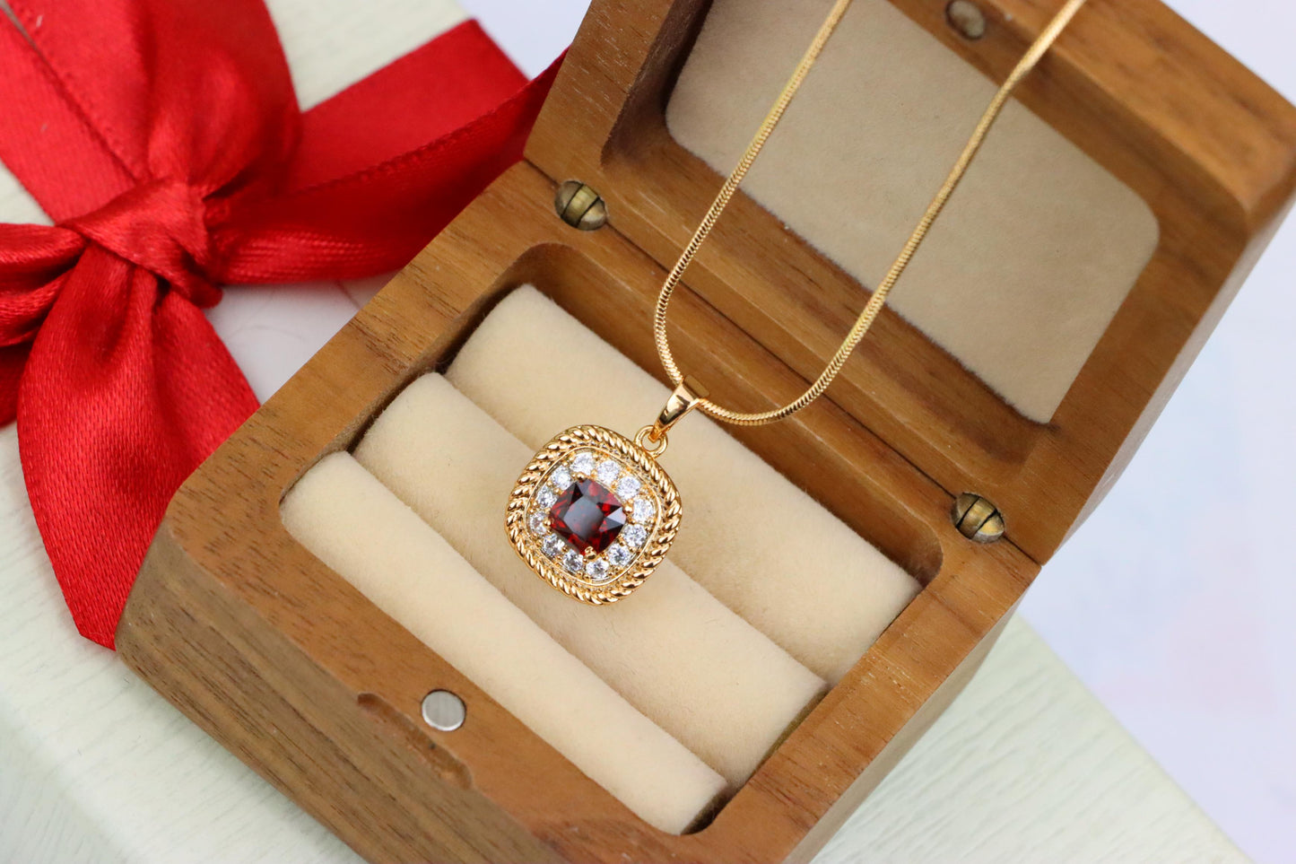 Vintage Style Red Cushion Pendant with Crystal Halo Accents, XPPT1663 (2163-1)