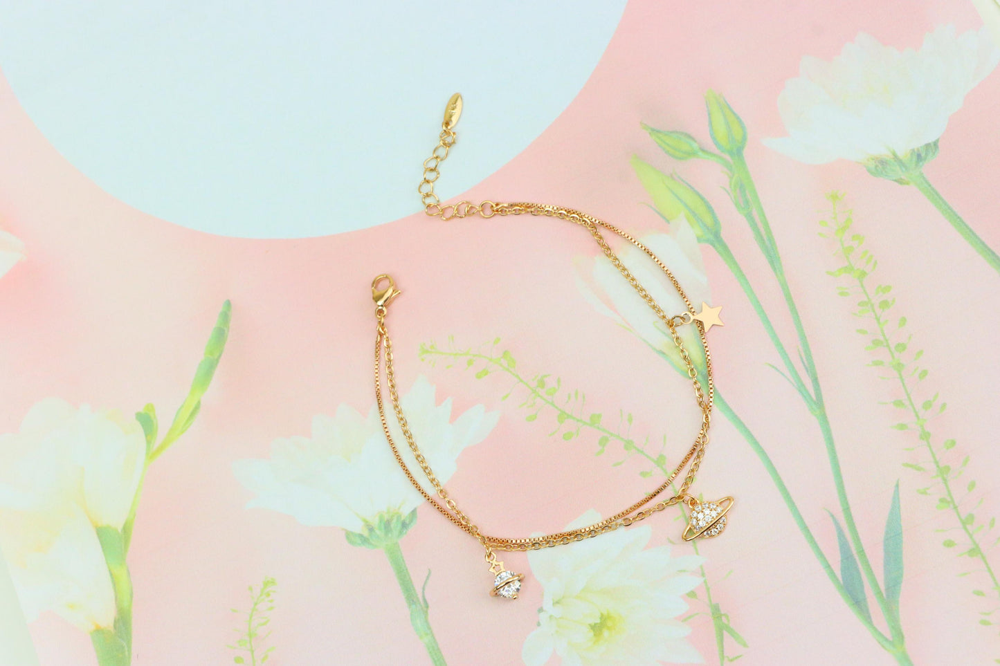 Rose Gold Double Layer Anklet with Planet and Star Charms, XPAL1049 (2105-8)