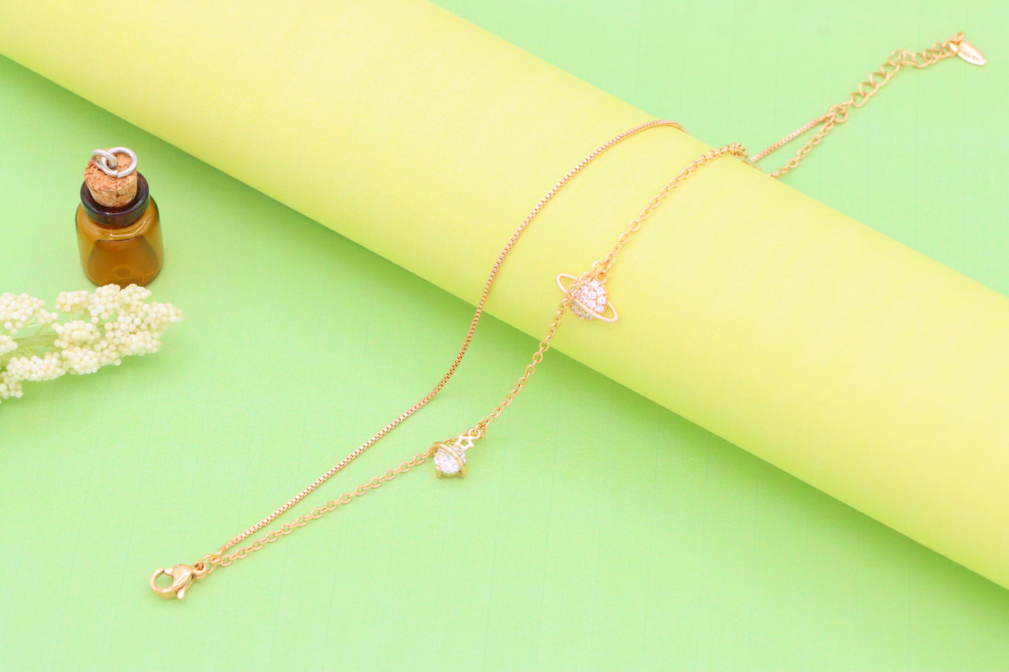 Rose Gold Double Layer Anklet with Planet and Star Charms, XPAL1049 (2105-8)