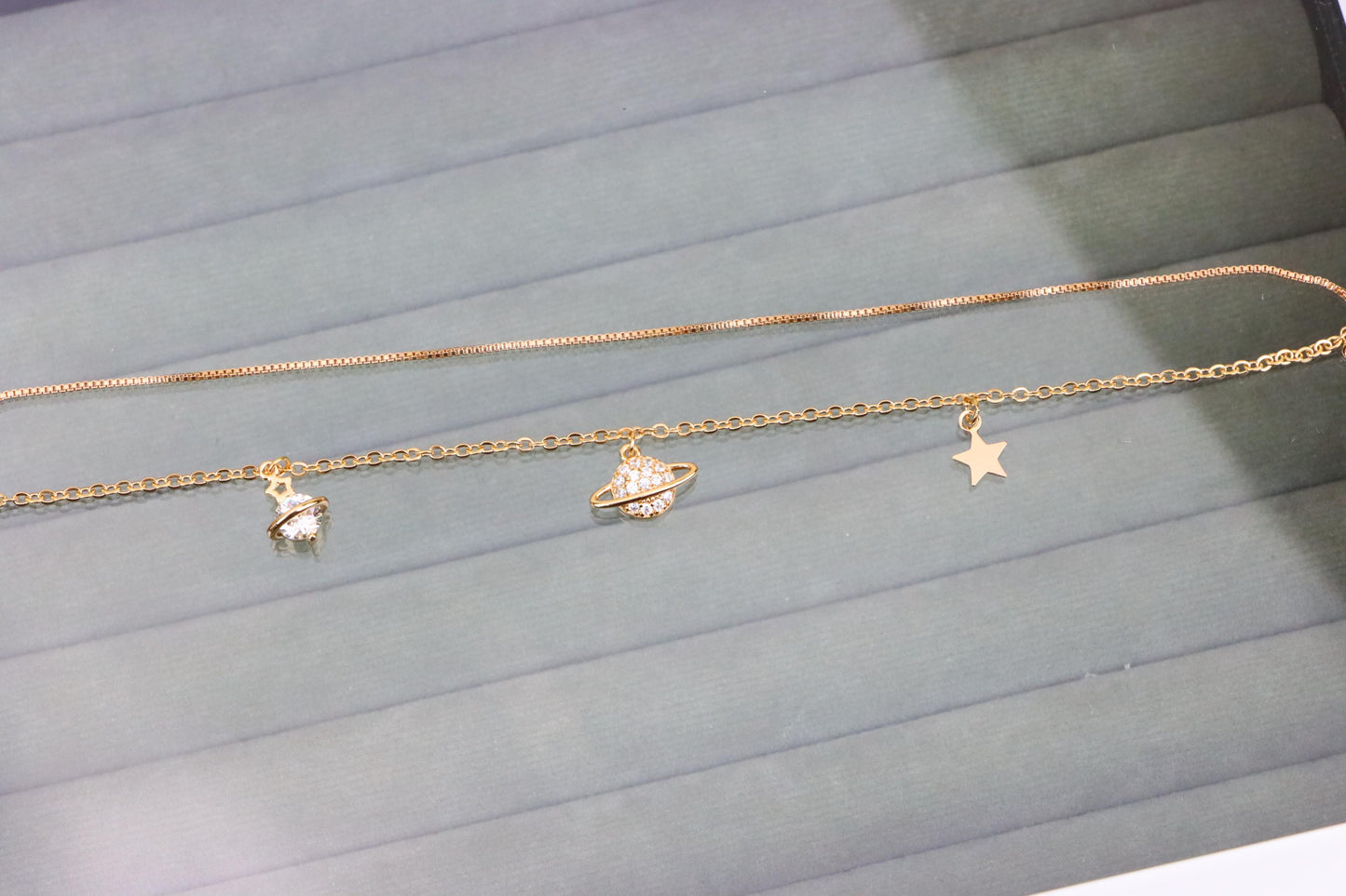 Rose Gold Double Layer Anklet with Planet and Star Charms, XPAL1049 (2105-8)