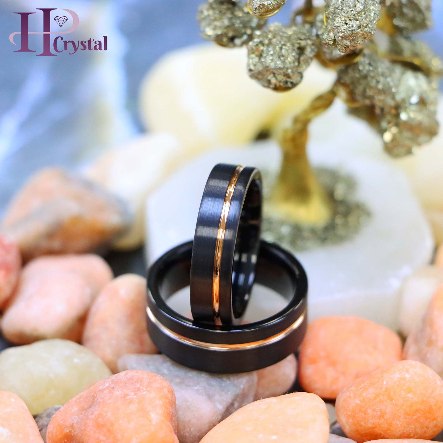 Black IP Plated with Off-Center Rose Gold Plated Groove Tungsten Ring