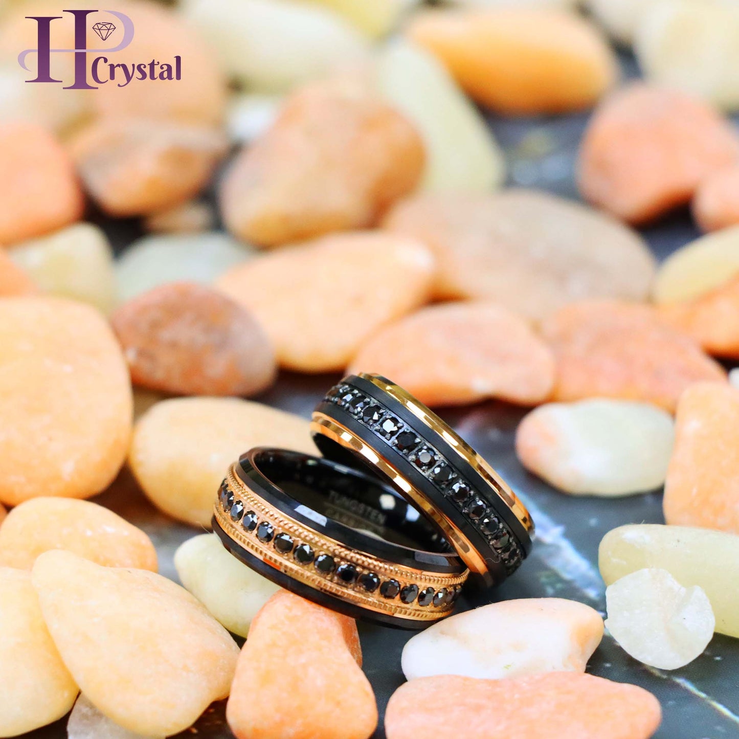 Black & Rose Gold IP Plated Milgrain Black CZ Round Cut Eternity Tungsten Ring