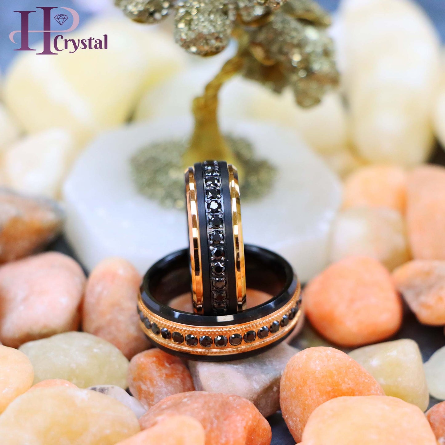 Black & Rose Gold IP Plated Milgrain Black CZ Round Cut Eternity Tungsten Ring