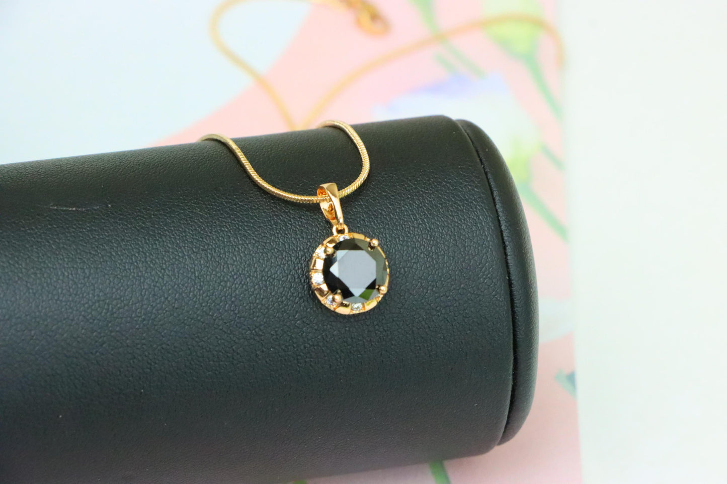 Elegant Black Round Pendant with Gold Plated Finish and Sparkle Accents, XPPT1646 (2163-3)