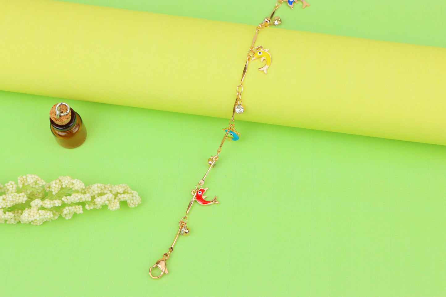 Multicolor Dolphin Charm Rose Gold Anklet for Trendy Beach Vibes, XPAL1056 (2106-5)