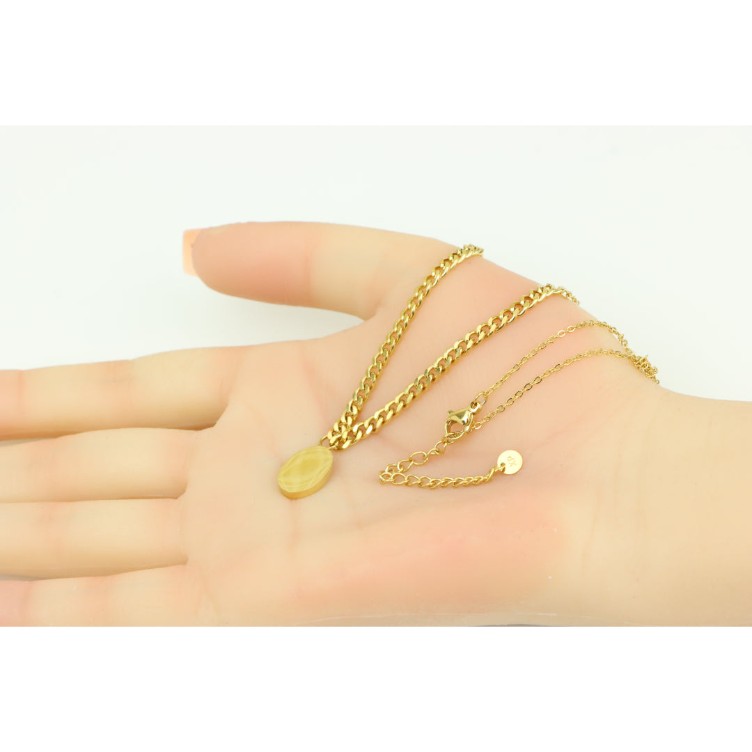 Chic Dual Chain Yellow Necklace with Polished Oval Pendant Charm, XPNL0366 (2037-6)